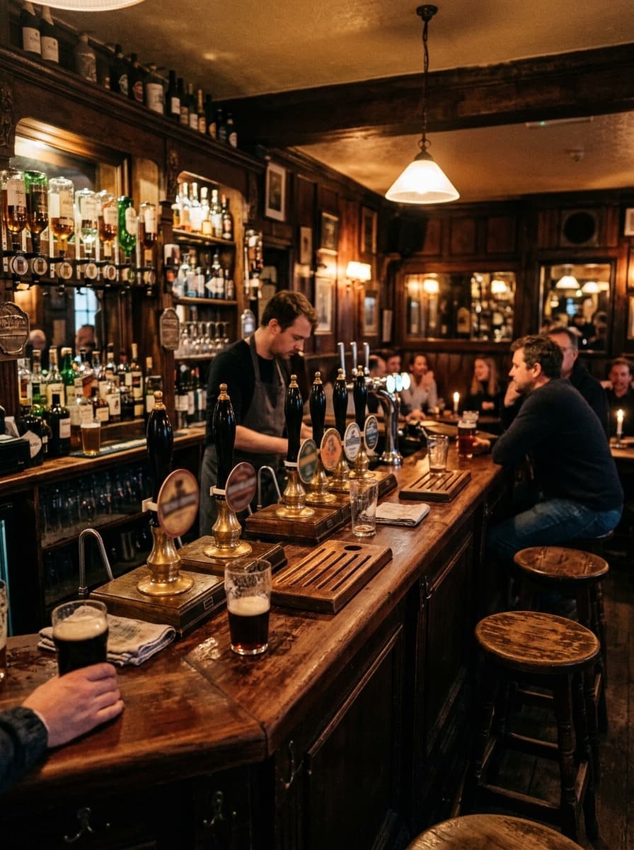 A traditional pub interior with bar taps, wooden furniture, and cosy seating