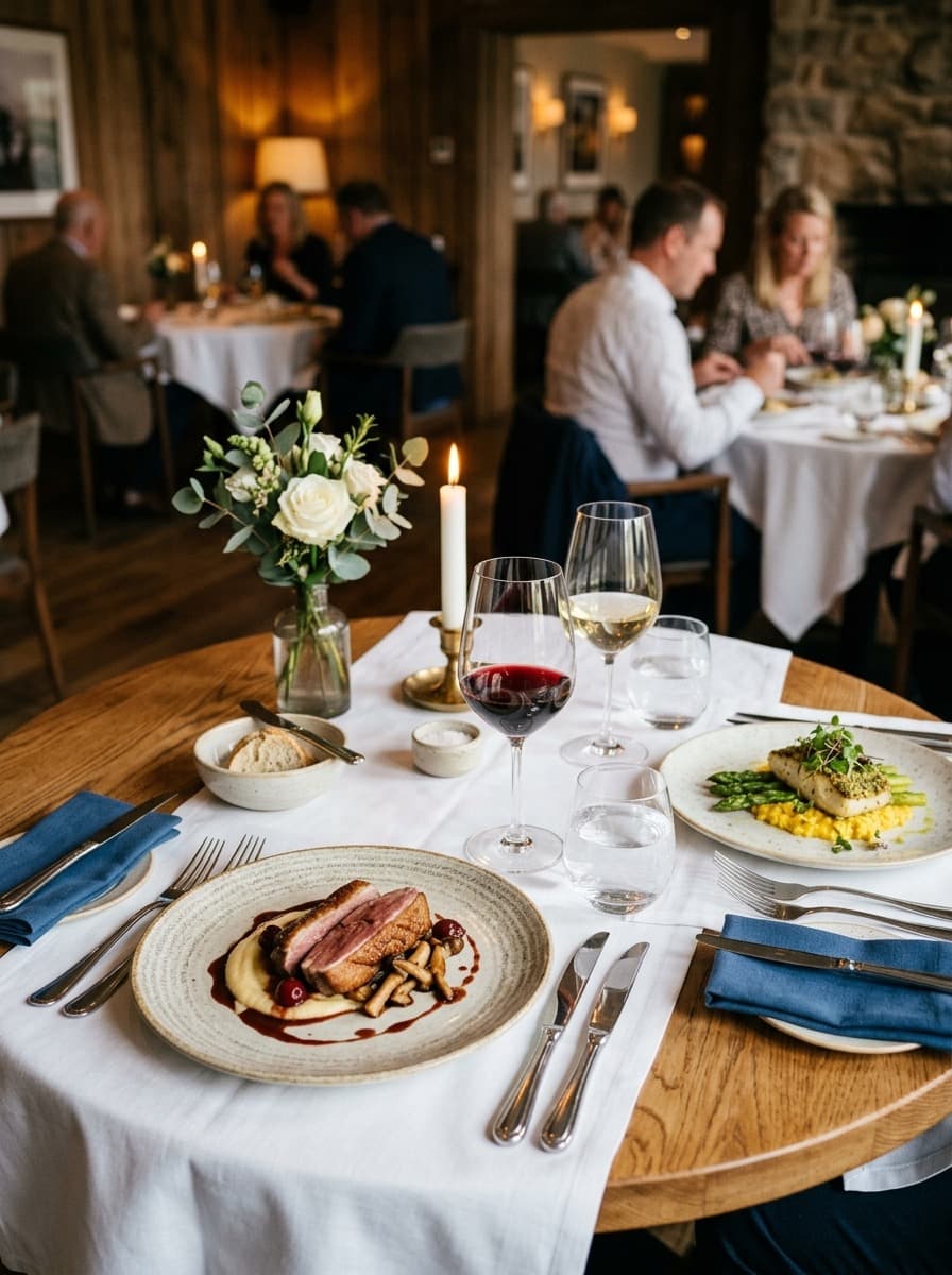 A well-lit restaurant dining scene with elegant place settings and food