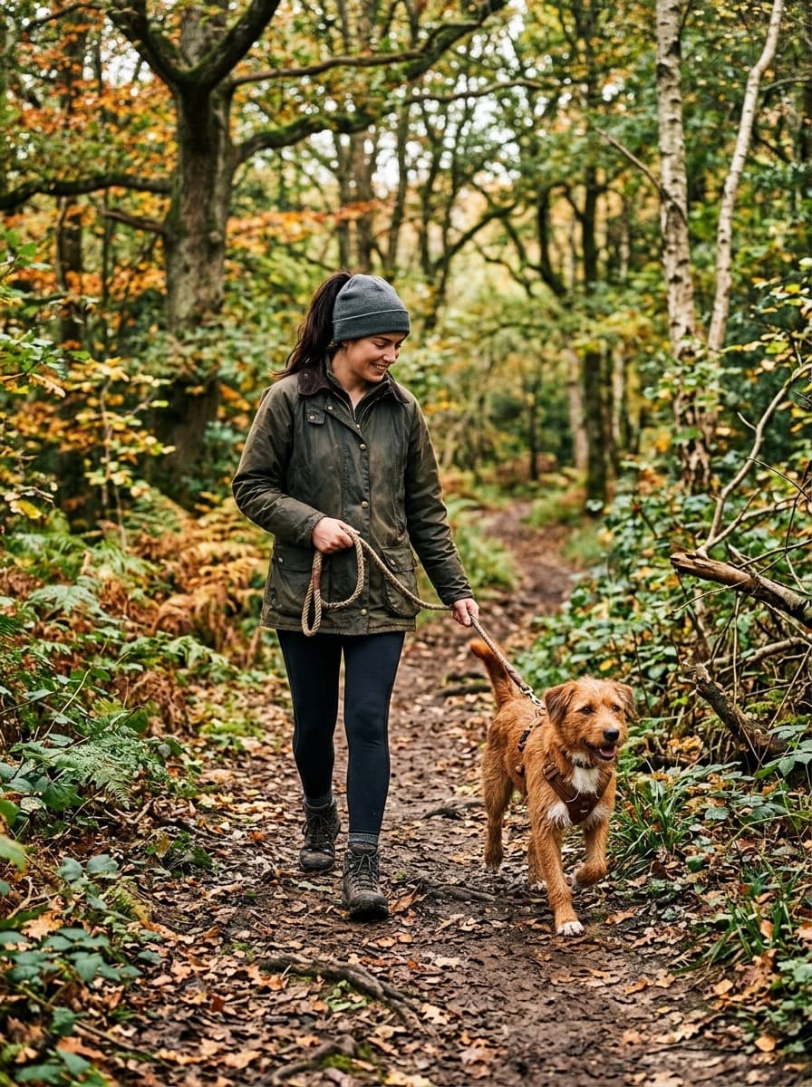 A person walking with a dog on a woodland path