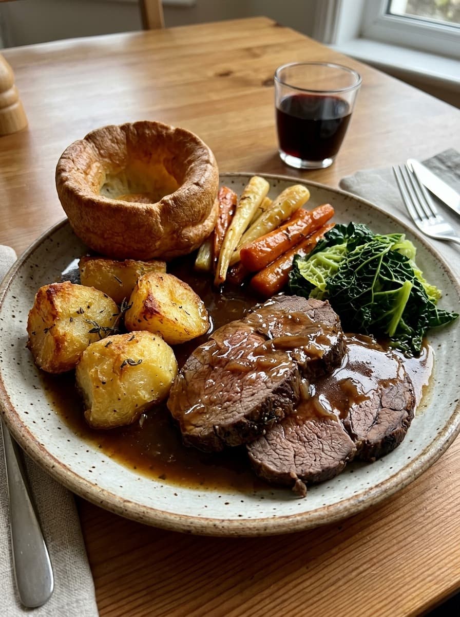 A traditional British Sunday roast meal on a plate with roasted meat and vegetables